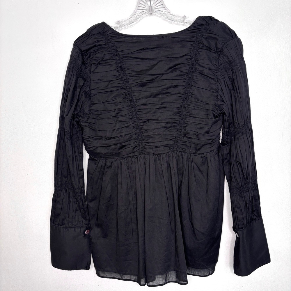 Zara Blouse Medium Black Ruched Deep V-Neck Balletcore Babydoll Cottage Chic - Picture 2 of 8